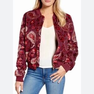 ANTHRO KAS Designs Burgundy Velvet Paisley Full Zip Bomber Jacket SMALL Fall